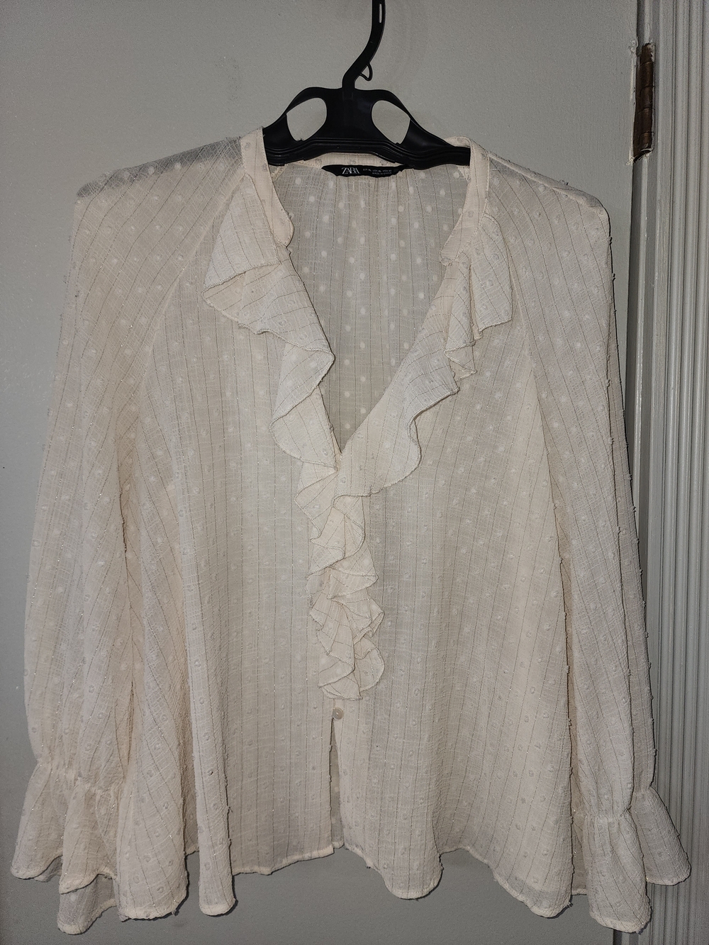 Zara Ivory Ruffle Front Sheer Blouse